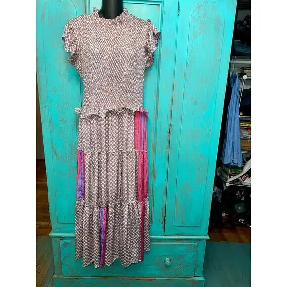 PERRY WALKER COLLECTIVE SILK BLEND INDIA BLOCK PRINT PATCHWORK BOHO MAXIDRESS 3 - Picture 2 of 11